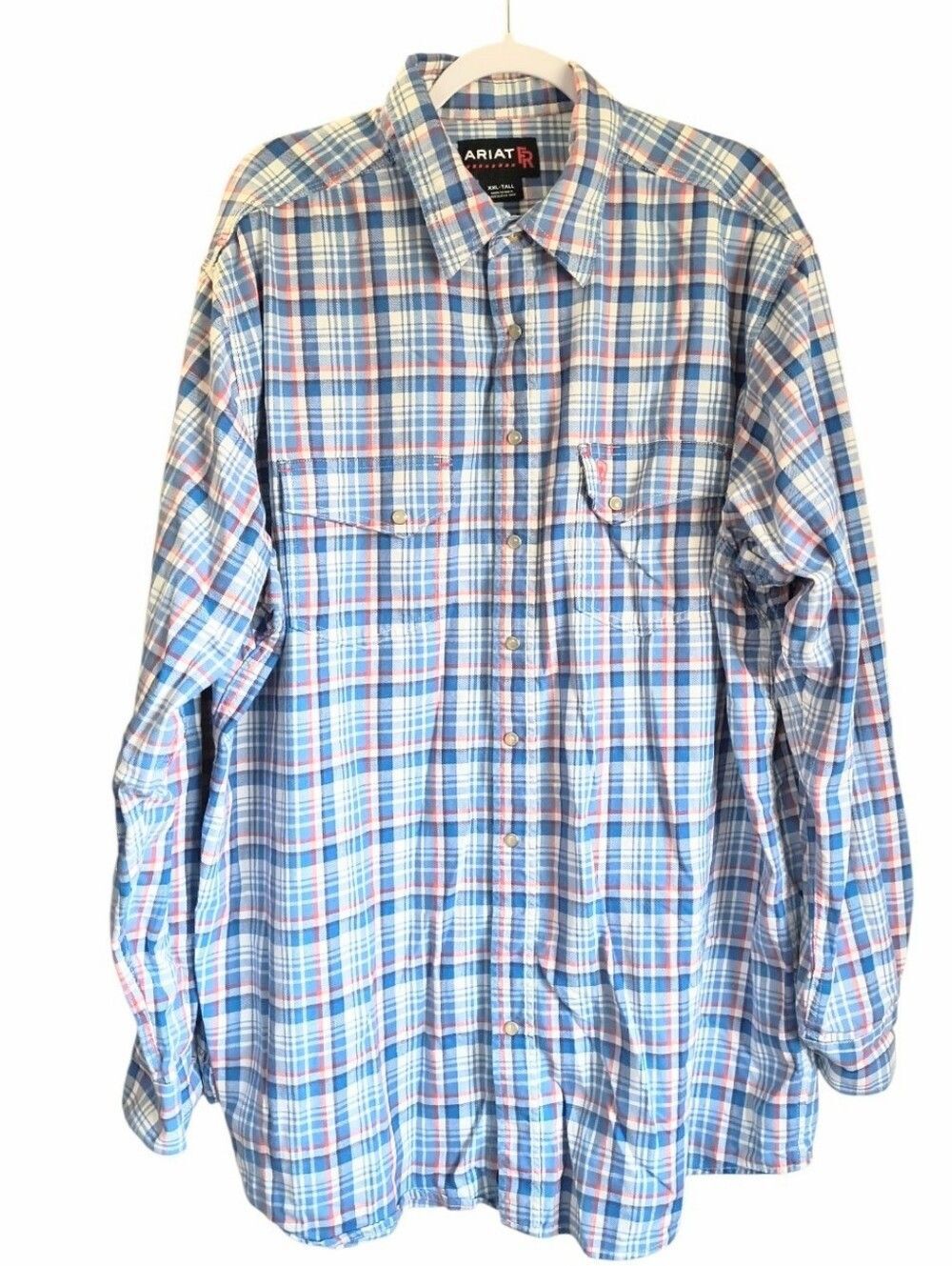 Ariat Fire FR CAT2 2112 Blue White Plaid Button-Down Flannel Work Shirt XXL Tall